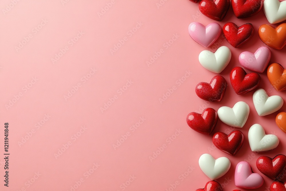 A cluster of colorful candy hearts against a bright pink background A cluster of colorful candy hearts against a bright pink background