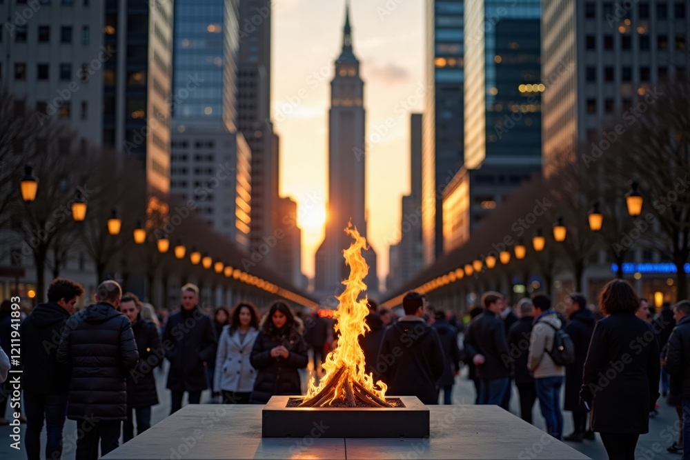Fototapeta premium The eternal flame stands proudly in a city square surrounded by tall buildings. People gather around it, paying their respects while the sun sets in the background