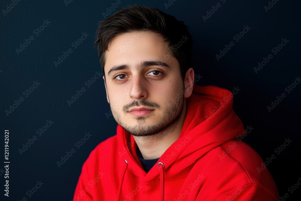 Fototapeta premium Young Man Wearing a Red Hoodie Against Dark Background