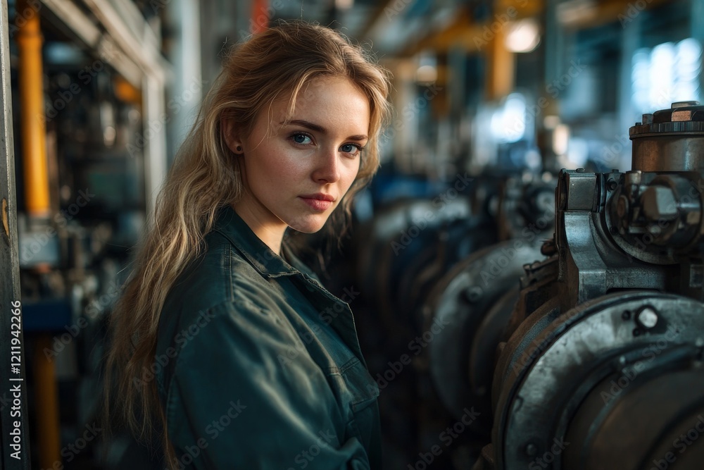 Fototapeta premium A young woman stands confidently near industrial machinery, representing strength and empowerment in a factory setting with complex equipment in the background.