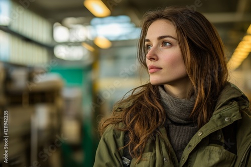 A young woman wearing a jacket gazes thoughtfully outdoors, expressing introspection and contemplation amidst an industrial backdrop. photo