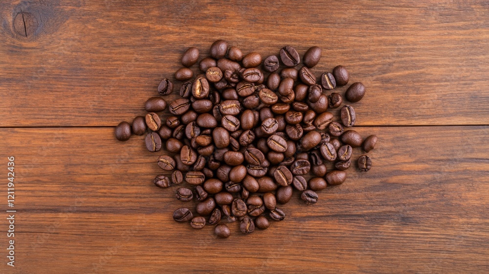 Roasted coffee beans on brown wooden surface. Roasted coffee beans on brown wooden surface.