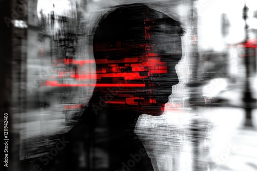 Abstract Representation of Surveillance and Data Exposure Featuring Black and White Contrast with Digital Elements Highlighting Police Officer Themes