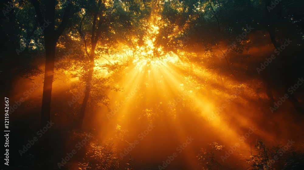 Obraz premium Golden Hour in the Enchanted Forest: Sunbeams Pierce the Mist
