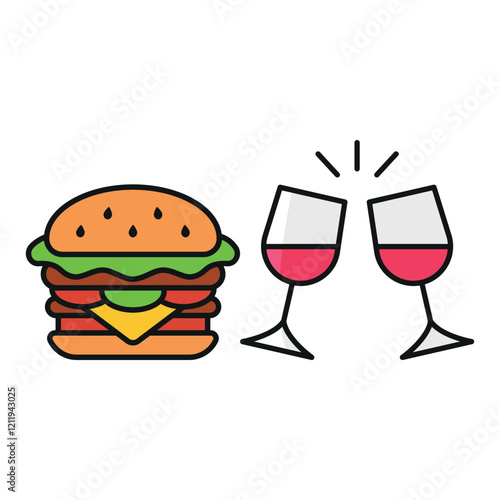 Wine glass drink and hamburger food icon illustrated in a playful cartoon style bursting with vivid colors and cheerful vibes, making it suitable for casual dining experiences, upscale restaurants