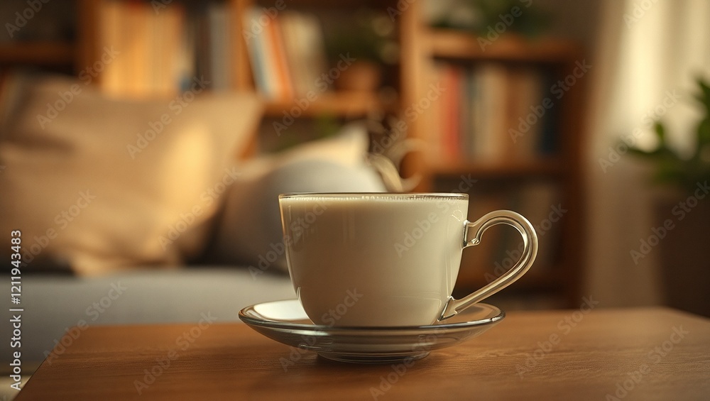 A steaming cup of tea with a blurred cozy living room background, featuring soft golden light and a hint of a bookshelf. A steaming cup of tea with a blurred cozy living room background, featuring soft golden light and a hint of a bookshelf.