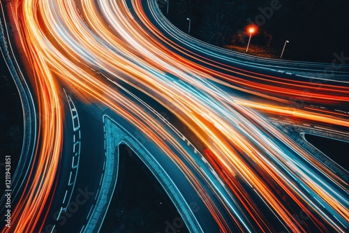 Aerial View of Financial District Intersection Capturing Twilight Light Trails of Cars in Motion Over a Busy Urban Landscape