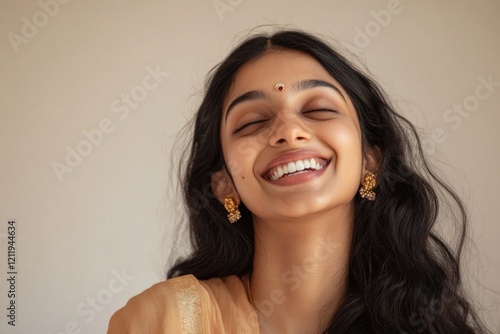 A smiling woman with long black hair, eyes closed, relaxed expression photo