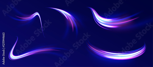 Acceleration speed motion on night road. Magic moving fast speed lines. Blurred car light motion effect, city road background with long exposure night lights. Png,  ray, abstract, energy, pack, effect