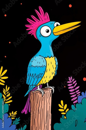 Vibrant and Colorful Portrait of a Woodpecker Perched on a Tree in a Whimsical and Artistic Style photo