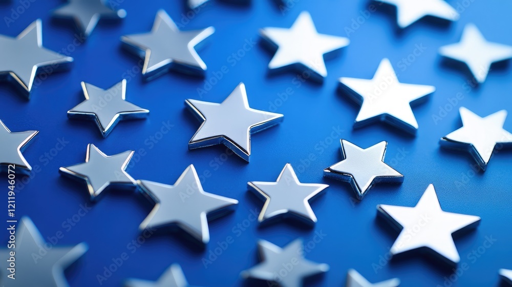 Shiny silver stars scattered against a vibrant blue background creating a dreamy celestial atmosphere Shiny silver stars scattered against a vibrant blue background creating a dreamy celestial atmosphere