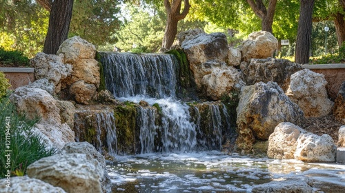 Serene small waterfall in a lush park setting surrounded by moss-covered rocks and vibrant green trees