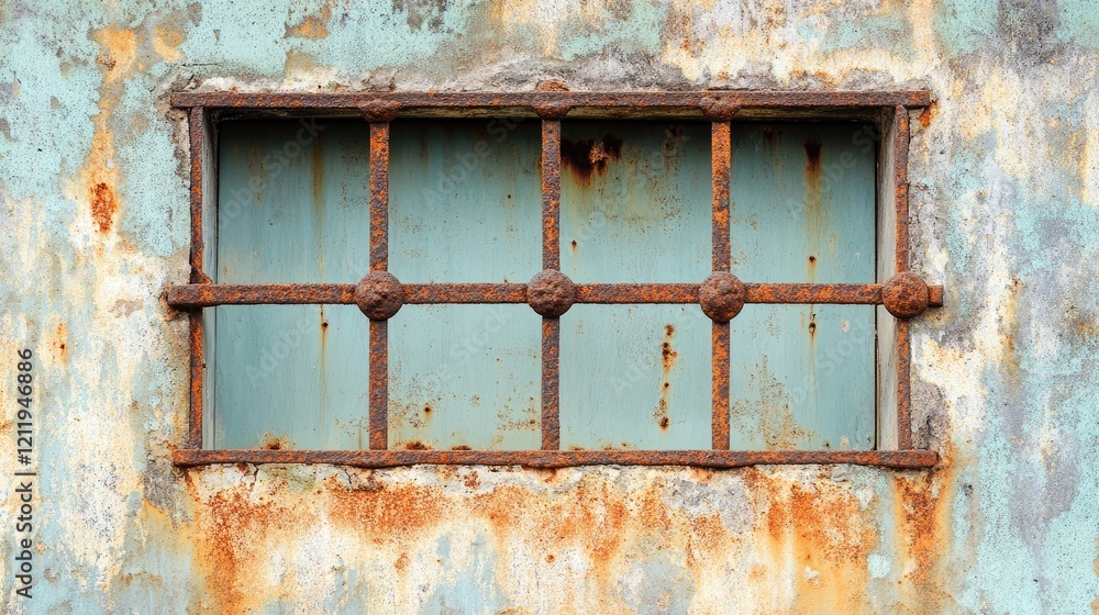 Rusty metal window grill on distressed wall with peeling paint and rust stains, perfect for backgrounds in industrial or vintage design projects. Rusty metal window grill on distressed wall with peeling paint and rust stains, perfect for backgrounds in industrial or vintage design projects.