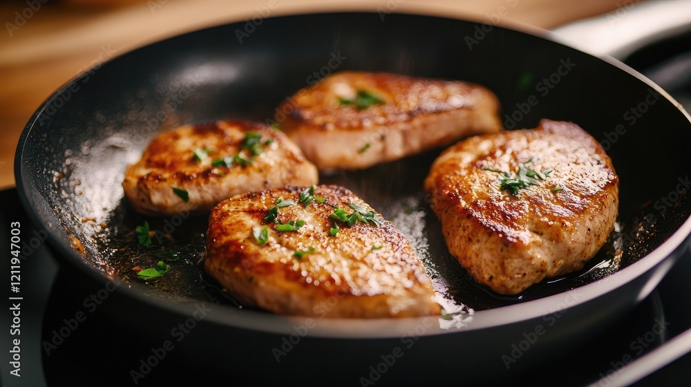 Delicious golden brown cutlets frying in a pan garnished with herbs ready to serve on a plate for a savory meal Delicious golden brown cutlets frying in a pan garnished with herbs ready to serve on a plate for a savory meal