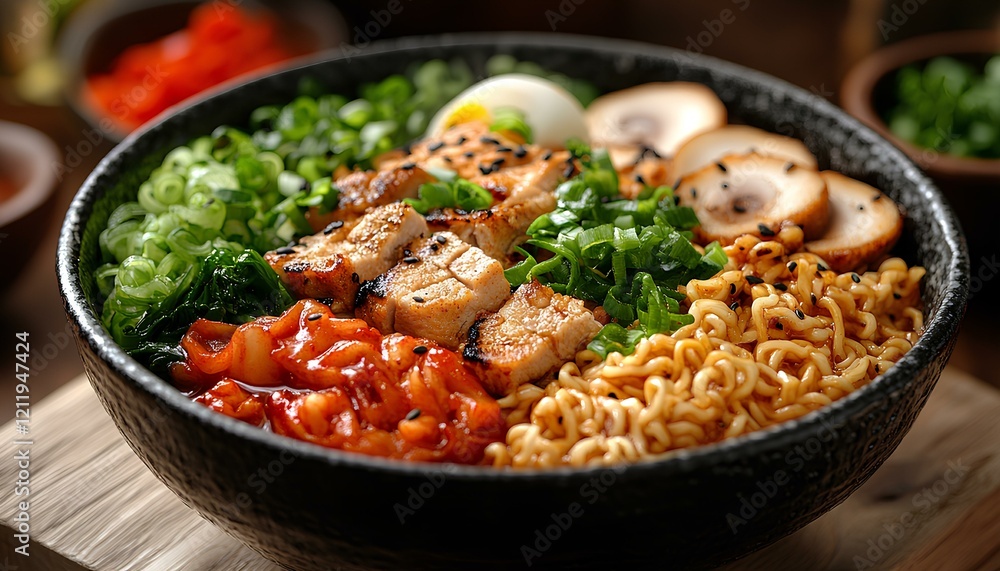 Bowl of ramen noodles in a bowl with soy sauce, vegetable broth, onions and ginger root. Closeup of traditional Japanese dish spaghetti soup with eggs. Ramen noodle soup with healthy ingredients Bowl of ramen noodles in a bowl with soy sauce, vegetable broth, onions and ginger root. Closeup of traditional Japanese dish spaghetti soup with eggs. Ramen noodle soup with healthy ingredients
