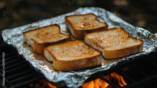 Toasted bread slices resting on aluminum foil over a grill with visible flames showing a rustic outdoor cooking scene photo