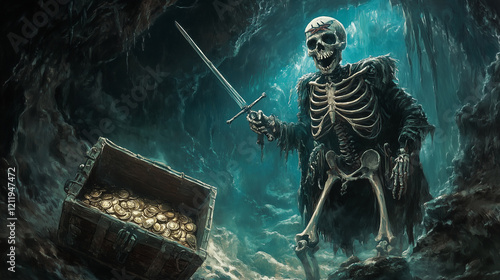 A pirateâs skeleton holding a sword, guarding a treasure chest in a dark and eerie cave photo