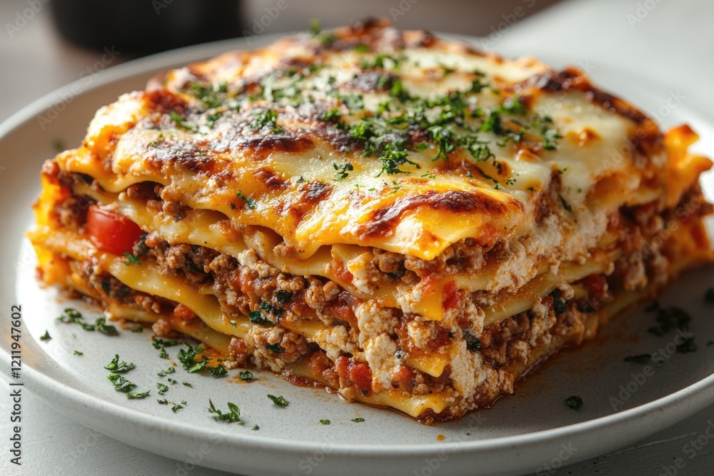 A warm and inviting plate of lasagna on a wooden table, perfect for a cozy dinner or gathering A warm and inviting plate of lasagna on a wooden table, perfect for a cozy dinner or gathering