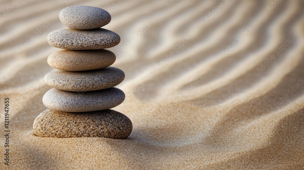 Balanced stones stacked in a harmonious arrangement on soft sand showcasing tranquility and natural beauty in a serene environment Balanced stones stacked in a harmonious arrangement on soft sand showcasing tranquility and natural beauty in a serene environment