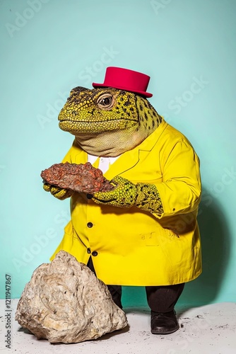 Tuatara in Museum Curator Uniform Examining Rock Specimen in a Playful and Colorful Setting photo