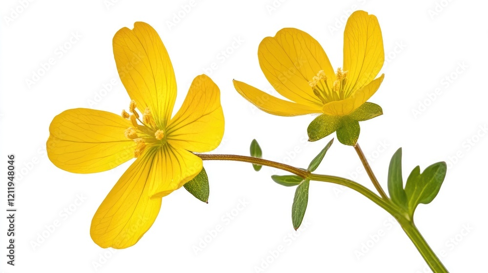 Obraz premium Delicate yellow wildflower with bright petals and green leaves isolated on a white background showcasing natural beauty and elegance.