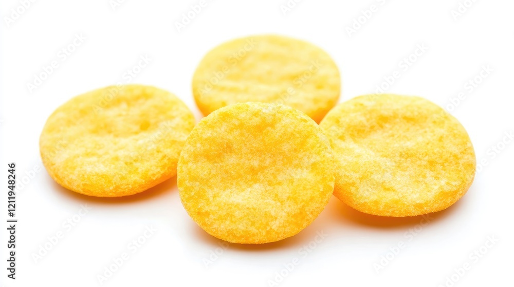 Yellow Round Snacks on White Background Perfect for Advertising and Packaging Food Products Yellow Round Snacks on White Background Perfect for Advertising and Packaging Food Products