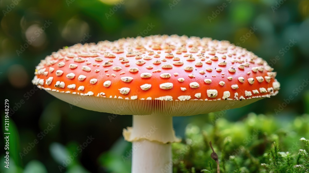 Obraz premium Vibrant Toadstool Mushroom in Forest with Blurred Treetops Highlighting Nature's Beauty and Preservation Efforts