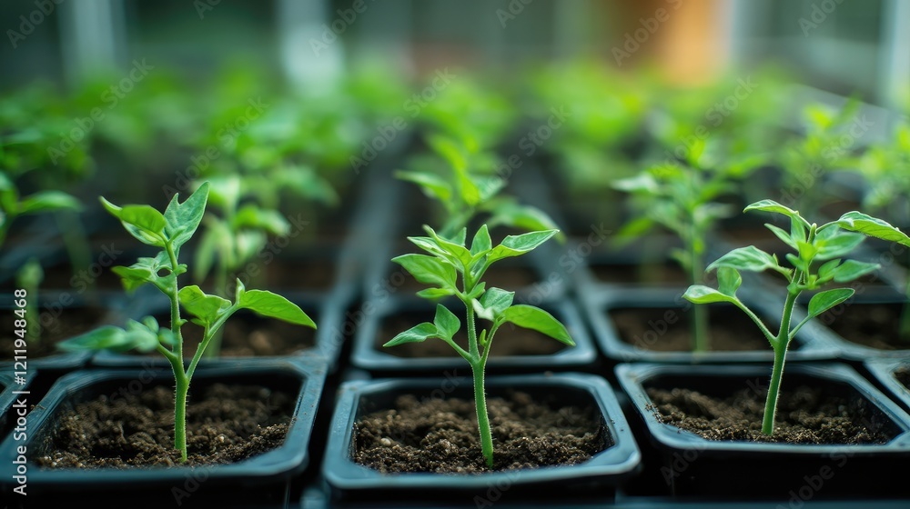 Vertical rows of young tomato plants thriving in greenhouse pots with rich soil showcasing organized agricultural cultivation techniques Vertical rows of young tomato plants thriving in greenhouse pots with rich soil showcasing organized agricultural cultivation techniques
