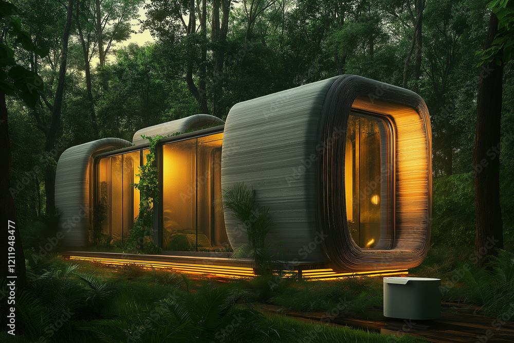 Eco-friendly 3D-printed house in forest Generative AI Eco-friendly 3D-printed house in forest Generative AI