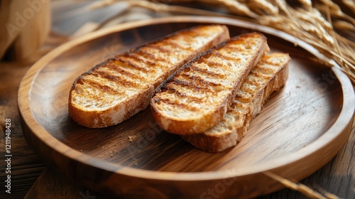 Toasted organic bread slices on wooden plate with ripe grain stalks in soft focus representing healthy eating and rustic lifestyle photo