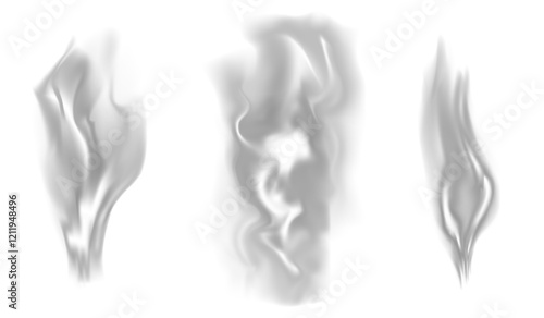 Collection of translucent white clouds of smoke on transparent background. Suitable for overlaying on dark backgrounds. Transparency in vector format