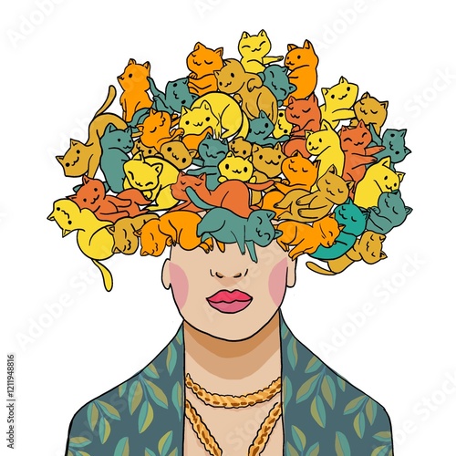 illustrazione di artista donna messicana con gatti al posto dei capelli