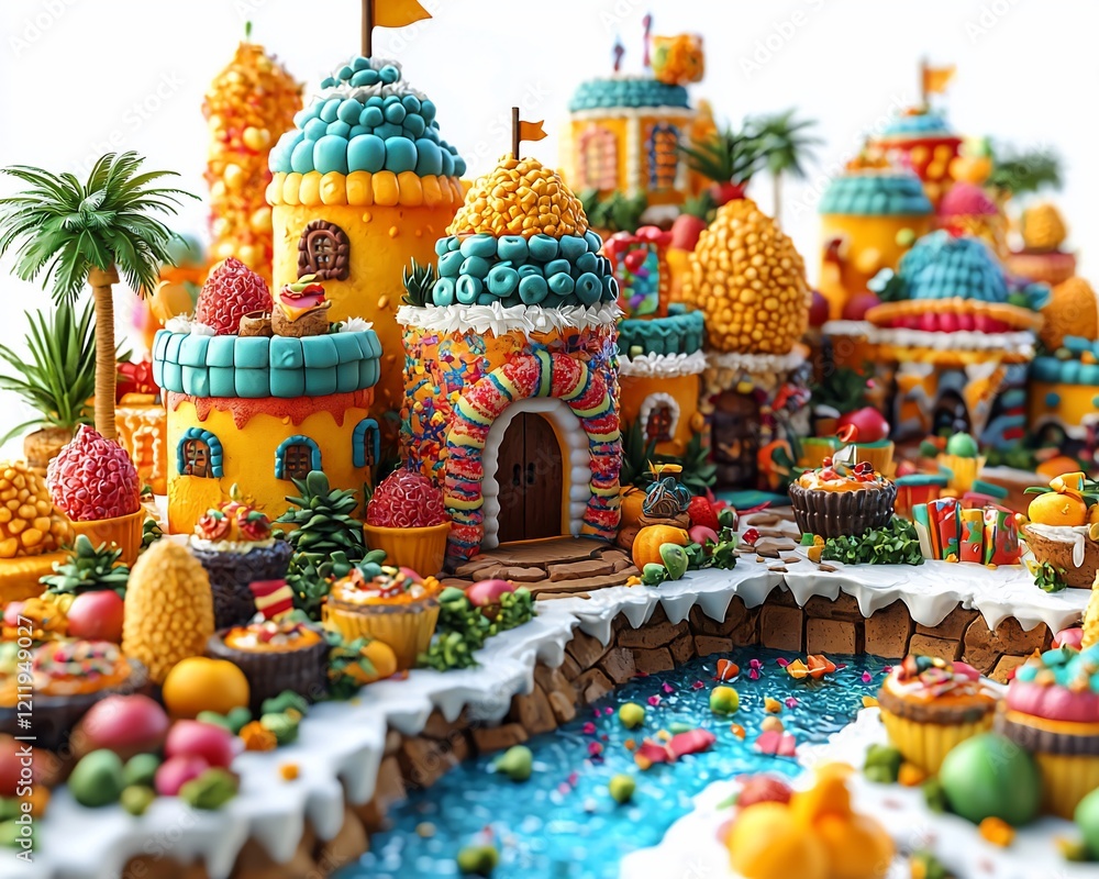 Whimsical candy village with colorful buildings, flowing river, and lush vegetation. Whimsical candy village with colorful buildings, flowing river, and lush vegetation.