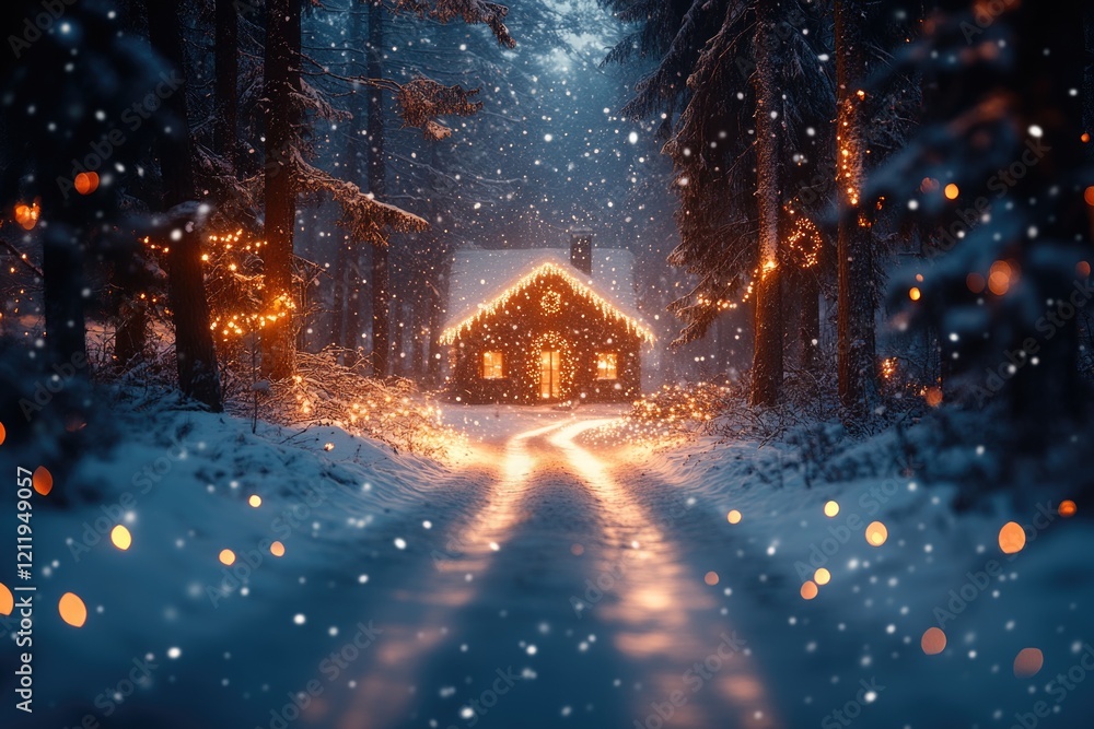 Fototapeta premium A cozy house surrounded by snow-covered trees, ideal for winter scenes or rural settings