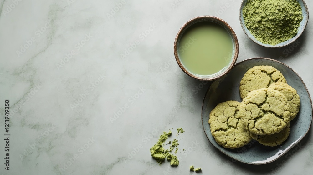 custom made wallpaper toronto digitalMatcha cookies with powdered matcha and milk arranged on a marble table creating a delicious and inviting dessert scene flat lay