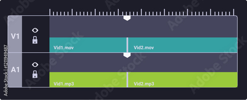 Video editing software displaying timeline, multiple tracks for video and audio, and editing controls