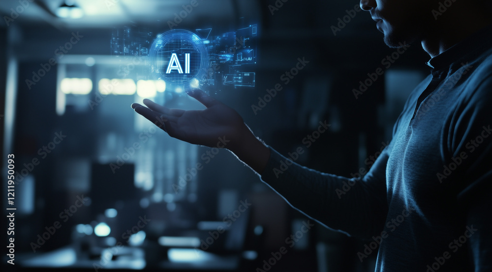 A man holding an AI icon with holographic text AI floating above his hand, creating the illusion of interaction between him and artificial intelligence A man holding an AI icon with holographic text AI floating above his hand, creating the illusion of interaction between him and artificial intelligence