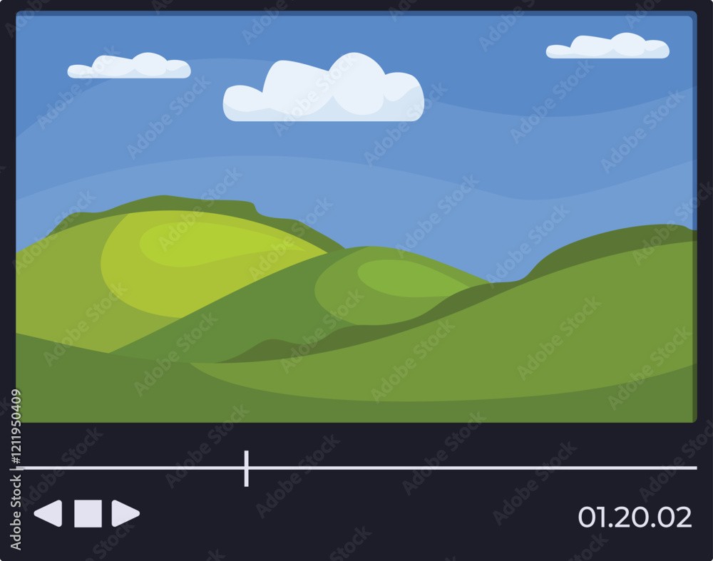 Fototapeta premium Video player interface showing beautiful green hills landscape with blue sky and clouds