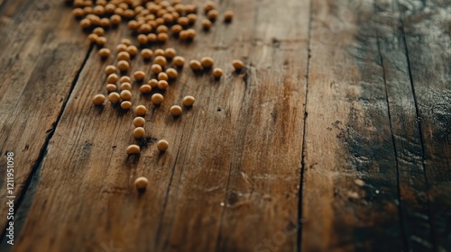 Soybeans scattered on a rustic wooden table creating a natural and organic food backdrop for agricultural or culinary themes photo