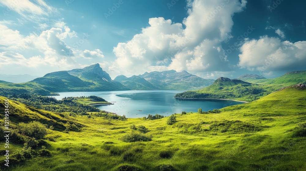 Fototapeta premium Scenic view of a serene bay surrounded by lush green meadows and distant rugged hills under a vibrant sky.