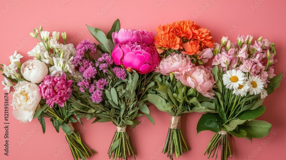 Fototapeta premium Top View of Colorful Bouquets on Salmon Background Floral Arrangement with Pink Peonies, Daisies, and Green Leaves for Wedding or Birthday Decor