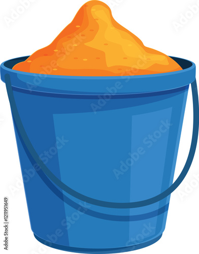 Blue plastic bucket overflowing with orange sand, perfect for building sandcastles on a summer beach vacation