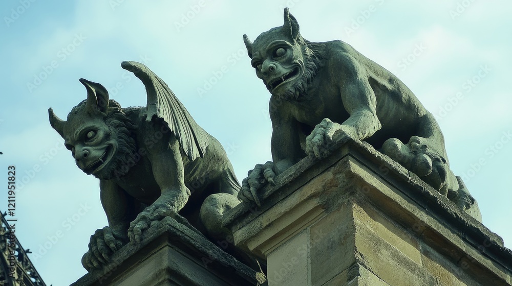 Gargoyle Statues at Cathedral Rooftop Symbolizing Gothic Architecture and Historical Significance