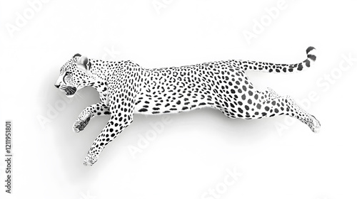Leopard running at full speed black and white illustration isolated on white background