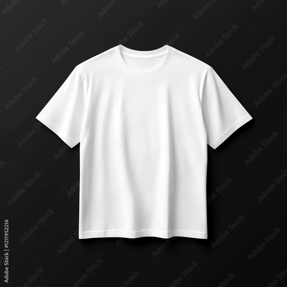 A plain white t-shirt displayed on a dark background, showcasing its simple and versatile design for casual wear. A plain white t-shirt displayed on a dark background, showcasing its simple and versatile design for casual wear.