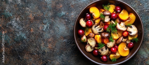 Seasonal dish featuring vibrant mushrooms, chestnuts, persimmons, and cranberries in rich autumn hues, top view with shallow depth of field, Andes culinary heritage. photo