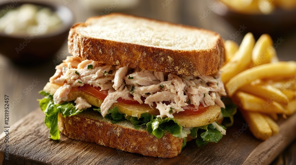 Tuna sandwich on rustic bread accompanied by crispy fries and fresh ingredients served on a wooden board Tuna sandwich on rustic bread accompanied by crispy fries and fresh ingredients served on a wooden board