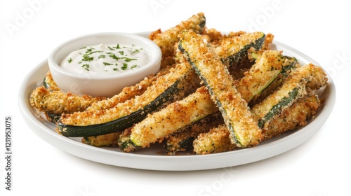 A plate of crispy zucchini fries with a golden breadcrumb coating and a side of creamy dipping sauce, Each fry’s tender interior and crunchy exterior captured with precision