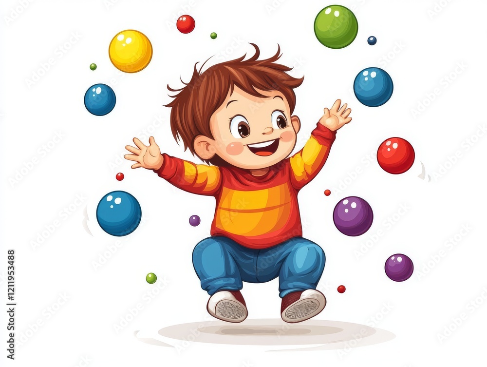 Fototapeta premium Cheerful Child Playing with Colorful Balls in Vector Illustration