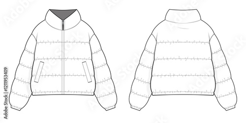 Standing Collar Winter Coat Technical Fashion Illustration. Quilted Puffer Jacket Vector Template. Cropped Silhouette. Horizontal Quilting. Welt Pockets. Relaxed Fit. Unisex Outerwear. CAD Mockup set.